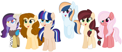 Size: 4964x2120 | Tagged: safe, artist:darlyjay, artist:superstar5883, imported from derpibooru, oc, oc only, oc:bloom pear, oc:bright luck, oc:chocolate cupcake swirls, oc:moon sentry, oc:pearl chaos, oc:windy bolt, earth pony, hybrid, pegasus, pony, unicorn, base used, draconequus hybrid, earth pony oc, female, freckles, happy, heterochromia, horn, horns, interspecies offspring, mare, multicolored eyes, next generation, offspring, open mouth, parent:applejack, parent:big macintosh, parent:cheese sandwich, parent:discord, parent:flash sentry, parent:fluttershy, parent:pinkie pie, parent:rainbow dash, parent:rarity, parent:soarin', parent:trouble shoes, parent:twilight sparkle, parents:cheesepie, parents:flashlight, parents:fluttermac, parents:raricord, parents:soarindash, parents:troublejack, pegasus oc, red pupils, simple background, smiling, unicorn oc, white background