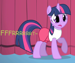 Size: 698x596 | Tagged: safe, artist:thedarkpony, edit, edited screencap, imported from derpibooru, screencap, twilight sparkle, unicorn, green isn't your color, clothes, compression shorts, cropped, fart, fart edit, fart noise, female, mare, onomatopoeia, shorts, sound effects, unicorn twilight