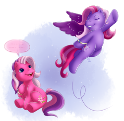 Size: 2000x1956 | Tagged: safe, artist:shini-smurf, imported from derpibooru, cheerilee (g3), starsong, earth pony, pegasus, cheerisong, dancing, flying, g3, jewelry, ring, shipping, simple background, speech bubble, wedding ring