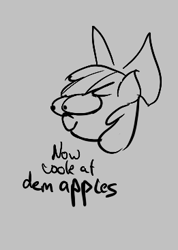 Size: 261x367 | Tagged: safe, apple bloom, earth pony, pony, aggie.io, bow, bulging eyes, dialogue, female, filly, lowres, mare, monochrome, simple background, smiling