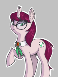 Size: 420x556 | Tagged: safe, oc, oc only, oc:checkbox, pony, unicorn, aggie.io, ear fluff, female, frown, glasses, mare, raised hoof, simple background