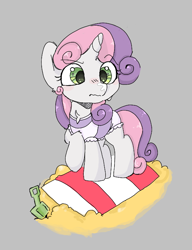 Size: 562x733 | Tagged: safe, artist:mushy, sweetie belle, pony, unicorn, aggie.io, beach blanket, blushing, clothes, female, mare, raised hoof, sand, shovel, simple background, sunscreen, swimsuit