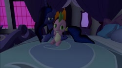 Size: 1024x575 | Tagged: safe, artist:undeadponysoldier, imported from ponybooru, princess luna, spike, alicorn, dragon, pony, bed, canterlot, comforting, female, male, mare, princess of the night, scared, sitting, spikelove