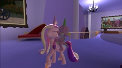 Size: 1024x575 | Tagged: safe, artist:undeadponysoldier, imported from ponybooru, princess cadance, spike, alicorn, dragon, pony, 3d, canterlot, chandelier, dragons riding ponies, female, gmod, happy, hug, light, male, mare, painting, riding, riding a pony