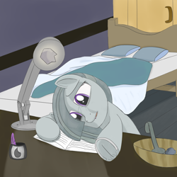 Size: 2000x2000 | Tagged: safe, artist:squishment, marble pie, earth pony, bed, book, crying, female, food, high res, mare, open mouth, sad, solo, soup, wardrobe