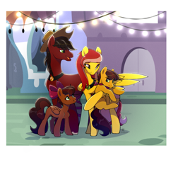 Size: 1822x1860 | Tagged: safe, artist:lilitepsilon, imported from derpibooru, oc, oc only, oc:applecore, oc:gentle war, oc:rumble apple, oc:tumble apple, earth pony, pegasus, pony, amputee, bow, clothes, colt, eyeshadow, family, female, filly, foal, gem, green eyes, hair bow, hat, holding a pony, jewelry, lights, makeup, male, mare, necklace, oc x oc, offspring, parents:oc x oc, photo, prosthetic leg, prosthetic limb, prosthetics, scarf, shipping, smiling, stallion, straight, street, tongue out