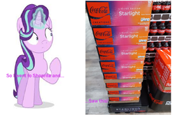 Size: 1002x674 | Tagged: safe, artist:thegamerpainter, imported from derpibooru, starlight glimmer, pony, unicorn, coca-cola, implied starlight glimmer, irl, irl photo, looking at self, looking at someone, meme, photo, raised hoof, shoprite, solo, text