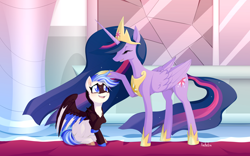 Size: 4368x2727 | Tagged: safe, artist:xackadzu, imported from derpibooru, twilight sparkle, oc, alicorn, pegasus, pony, the last problem, duo, hoof on head, jewelry, older, older twilight, pegasus oc, princess twilight 2.0, regalia, smiling, twilight sparkle (alicorn), wings