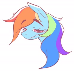 Size: 2480x2408 | Tagged: safe, artist:littmosa, imported from derpibooru, rainbow dash, pegasus, pony, bust, eyebrows, eyebrows visible through hair, lidded eyes, simple background, solo, white background
