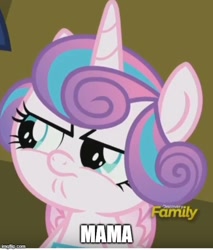 Size: 500x588 | Tagged: safe, edit, edited screencap, imported from derpibooru, screencap, princess flurry heart, alicorn, pony, a flurry of emotions, cropped, cuphead, flurry heart is not amused, imgflip, meme, solo, the cuphead show, unamused