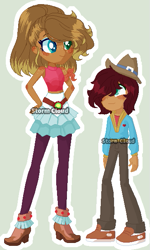 Size: 363x604 | Tagged: safe, artist:stormcloud-yt, imported from derpibooru, oc, oc only, equestria girls, base used, clothes, female, hat, high heels, male, offspring, parent:applejack, parent:trouble shoes, parent:troubleshoes clyde, parents:troublejack, shoes, simple background