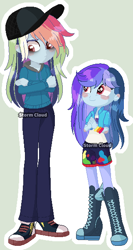 Size: 320x600 | Tagged: safe, artist:stormcloud-yt, imported from derpibooru, oc, oc only, equestria girls, bags under eyes, base used, boots, clothes, converse, duo, equestria girls-ified, female, hat, multicolored hair, offspring, parent:rainbow dash, parent:soarin', parents:soarindash, rainbow hair, shoes, shorts, simple background, sneakers