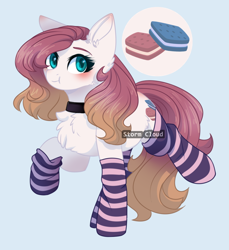 Size: 890x971 | Tagged: safe, artist:stormcloud-yt, imported from derpibooru, oc, oc only, earth pony, pony, blue background, chest fluff, choker, clothes, earth pony oc, puffy cheeks, raised hoof, simple background, socks, solo, striped socks
