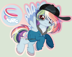 Size: 1353x1072 | Tagged: safe, artist:stormcloud-yt, imported from derpibooru, oc, oc only, pegasus, pony, bags under eyes, base used, cap, clothes, hat, hoodie, multicolored hair, offspring, parent:rainbow dash, parent:soarin', parents:soarindash, pegasus oc, rainbow hair, simple background, solo, wings