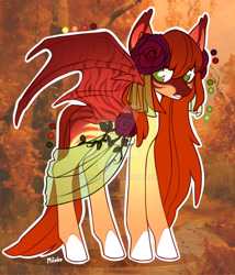 Size: 1024x1198 | Tagged: safe, artist:miioko, imported from derpibooru, oc, oc only, bat pony, pony, bat pony oc, bat wings, clothes, colored hooves, deviantart watermark, dress, flower, flower in hair, obtrusive watermark, rose, see-through, solo, watermark, wings