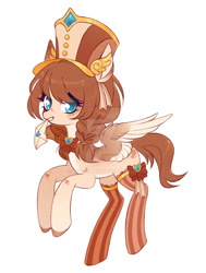 Size: 1024x1351 | Tagged: safe, artist:miioko, imported from derpibooru, oc, oc only, pegasus, pony, clothes, deviantart watermark, hat, letter, mouth hold, obtrusive watermark, pegasus oc, simple background, socks, solo, striped socks, watermark, white background, wings