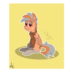 Size: 2400x2400 | Tagged: safe, artist:habiepon3, imported from derpibooru, oc, oc only, oc:habie hardcores, pegasus, pony, clothes, cute, dialogue, looking at you, male, scarf, simple background, sitting, smiling, solo, stallion, striped scarf