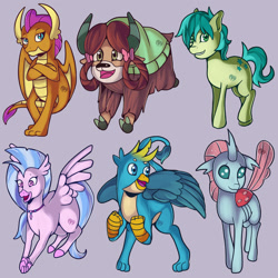 Size: 1024x1024 | Tagged: safe, artist:kenisu-of-dragons, imported from derpibooru, gallus, ocellus, sandbar, silverstream, smolder, yona, changedling, changeling, classical hippogriff, dragon, earth pony, griffon, hippogriff, pony, yak, bow, cloven hooves, colored hooves, cute, diaocelles, diastreamies, dragoness, female, gallabetes, gray background, hair bow, jewelry, male, monkey swings, necklace, open mouth, sandabetes, simple background, smolderbetes, stallion, student six, teenager, yonadorable