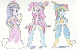 Size: 1400x913 | Tagged: safe, artist:bageloftime, imported from derpibooru, pinkie pie, rainbow dash, twilight sparkle, equestria girls, magical mystery cure, clothes, coronation dress, dress, equestria girls interpretation, gown, long dress, long skirt, scene interpretation, skirt, traditional art, trio, twilight sparkle (alicorn)