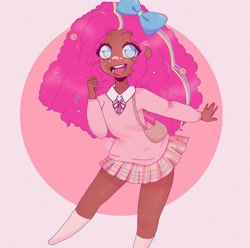 Size: 1125x1118 | Tagged: safe, artist:u/jolijoli3, imported from derpibooru, pinkie pie, human, blue eyes, bow, candy, clothes, cute, dark skin, female, food, g4, happy, humanized, kinky hair, knee high socks, open mouth, pink background, pink hair, pleated skirt, purse, simple background, skirt, socks, solo, sweater vest