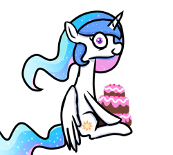 Size: 4000x3580 | Tagged: safe, artist:nitlynjane, imported from derpibooru, princess celestia, princess luna, alicorn, pony, cake, cakelestia, ethereal mane, eye clipping through hair, eye reflection, female, folded wings, food, high res, looking at you, mare, reflection, simple background, sitting, smiling, smiling at you, solo, starry mane, transparent background, wings