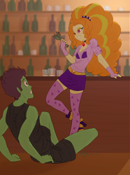 Size: 5233x7030 | Tagged: safe, artist:carnifex, imported from derpibooru, adagio dazzle, oc, oc:protein shake, comic:we will be adored, equestria girls, adagio gonna get ya, alternate clothes, bar, clothes, disguise, disguised siren, gem, imminent violence, looking at each other, looking at someone, siren gem, skirt, threatening
