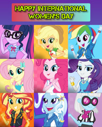 Size: 1920x2400 | Tagged: safe, edit, edited screencap, editor:itsmgh1203, imported from derpibooru, screencap, applejack, fluttershy, photo finish, pinkie pie, rainbow dash, rarity, sci-twi, sunset shimmer, trixie, twilight sparkle, equestria girls, equestria girls series, applejack's hat, bowtie, bracelet, clothes, cowboy hat, cutie mark on clothes, female, geode of empathy, geode of fauna, geode of shielding, geode of sugar bombs, geode of super speed, geode of super strength, geode of telekinesis, glasses, grin, hairpin, hat, high res, hoodie, humane five, humane seven, humane six, international women's day, jewelry, magical geodes, necklace, open mouth, open smile, ponytail, rarity peplum dress, smiling, tanktop, women's day