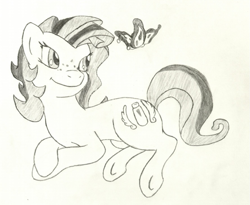 Size: 691x568 | Tagged: safe, artist:note-sketch, imported from derpibooru, oc, oc:milky way, butterfly, earth pony, female, lying down, mare, monochrome, requested art, sketch, solo