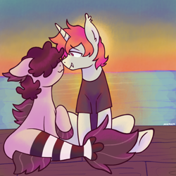 Size: 1280x1280 | Tagged: safe, artist:mxmx fw, imported from derpibooru, oc, oc only, oc:mxmx fw, oc:stripe, bat pony, bat pony unicorn, hybrid, merpony, pony, siren, unicorn, beach, boop, clothes, curly hair, duo, duo male, ear fluff, ear tufts, ears back, eyebrows, eyebrows visible through hair, fangs, fish tail, gay, hair over eyes, horn, male, no pupils, noseboop, ocean, outdoors, ponified, raised hoof, shirt, signature, sitting, sky, smiling, stallion, stripes, sun, sunset, t-shirt, tail, underhoof, water