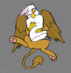 Size: 2000x2062 | Tagged: safe, artist:somber, imported from derpibooru, gilda, griffon, butt, cute, female, gildadorable, gray background, high res, one eye closed, paw pads, pillow, plot, simple background, solo