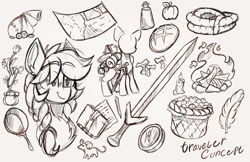 Size: 2260x1462 | Tagged: safe, artist:star-theft, imported from derpibooru, oc, oc only, mouse, pony, apple, bread, campfire, compass, food, frying pan, map, rope, sketch, sketch dump, solo, sword, weapon