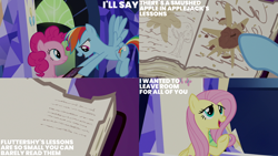 Size: 1280x720 | Tagged: safe, edit, edited screencap, editor:quoterific, imported from derpibooru, screencap, fluttershy, pinkie pie, rainbow dash, earth pony, pegasus, pony, fame and misfortune, season 7, female, flying, implied applejack, mare, open mouth, open smile, smiling, spread wings, text, twilight's castle, wings