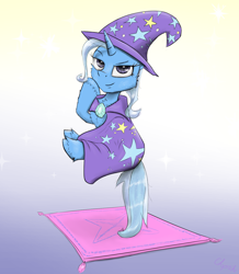 Size: 2500x2867 | Tagged: safe, artist:chopsticks, imported from derpibooru, trixie, pony, unicorn, cape, cheek fluff, chest fluff, clothes, female, hat, levitation, looking at you, magic trick, rug, smiling, smiling at you, smug, solo, tail, tail stand, telekinesis, trixie's cape, trixie's hat, unshorn fetlocks