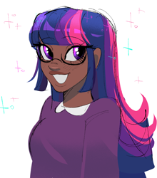 Size: 1280x1452 | Tagged: safe, artist:pygmimi, imported from derpibooru, twilight sparkle, human, beautiful, blushing, clothes, cute, dark skin, female, g4, glasses, grin, humanized, looking right, meganekko, nerd, open mouth, simple background, sketch, smiling, solo, sparkles, sweater vest, twiabetes, unfinished art