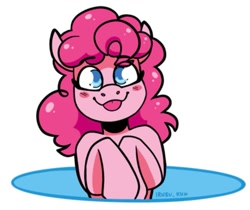 Size: 923x774 | Tagged: safe, artist:lrusu, imported from derpibooru, pinkie pie, earth pony, pony, blushing, looking at you, portal, raspberry, simple background, smiling, solo, tongue out, white background