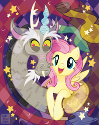 Size: 500x636 | Tagged: safe, artist:inki-drop, imported from derpibooru, discord, fluttershy, draconequus, pegasus, pony, abstract background, discoshy, duo, female, looking at you, male, open mouth, open smile, shipping, smiling, spiral, spread wings, stars, straight, wings