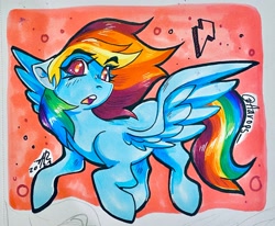 Size: 2048x1686 | Tagged: safe, artist:aarops, imported from derpibooru, rainbow dash, pegasus, pony, blushing, floppy ears, flying, looking at you, open mouth, solo, spread wings, surprised, traditional art, wings