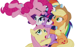 Size: 1280x816 | Tagged: safe, artist:twilyisbestpone, edit, edited screencap, imported from derpibooru, screencap, applejack, fluttershy, pinkie pie, rainbow dash, rarity, twilight sparkle, alicorn, earth pony, pegasus, pony, unicorn, season 9, the summer sun setback, spoiler:s09, background removed, cute, diapinkes, female, gasp, glomp, hug, incoming hug, mane six, mare, not a vector, pounce, simple background, this will end in hugs, transparent background, twilight sparkle (alicorn), uh oh