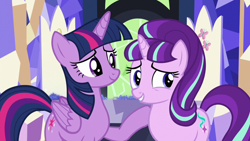 Size: 1280x720 | Tagged: safe, imported from derpibooru, screencap, starlight glimmer, twilight sparkle, alicorn, pony, unicorn, season 5, the cutie re-mark, duo, duo female, female, grin, mare, nervous, nervous grin, smiling, twilight sparkle (alicorn)