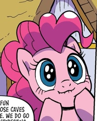 Size: 537x670 | Tagged: safe, artist:pencils, idw, imported from derpibooru, pinkie pie, earth pony, pony, spoiler:comic94, :3, cropped, cute, diapinkes, lip bite, season 10, solo