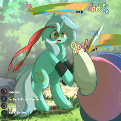 Size: 1200x1200 | Tagged: safe, artist:grithcourage, imported from derpibooru, bon bon, lyra heartstrings, sweetie drops, earth pony, pony, unicorn, anime style, dialogue, duo, duo female, female, game, health bars, sword, weapon