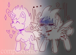 Size: 1062x765 | Tagged: safe, artist:cutiesparke, imported from derpibooru, pegasus, pony, unicorn, chest fluff, choker, crossover, eddsworld, fluffy, gradient background, happy, heart, lightly watermarked, male, matt (eddsworld), nervous, ponified, shocked, simple background, sparkles, spread wings, sweat, sweating profusely, tord (eddsworld), watermark, wings