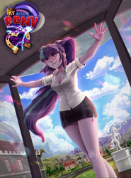 Size: 2107x2851 | Tagged: safe, artist:rysunkowasucharia, imported from derpibooru, starlight glimmer, human, comic:equestria girls curse and madness, equestria girls, breasts, canterlot high, city, cleavage, clothes, cloud, comic cover, cover, cutie mark on equestria girl, entrance, fanfic art, female, grin, logo, miniskirt, s5 starlight, scenery, skirt, sky, smiling, solo, statue