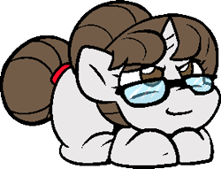 Size: 300x229 | Tagged: safe, alternate version, artist:zutcha, imported from derpibooru, raven, pony, unicorn, alternate character, behaving like a cat, chibi, cute, cuteness overload, female, glasses, hair bun, looking up, lying down, mare, necktie, open mouth, open smile, ponyloaf, prone, ravenbetes, secretary, simple background, smiling, smirk, solo, transparent background