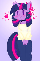 Size: 1176x1800 | Tagged: safe, artist:cutiesparke, imported from derpibooru, twilight sparkle, anthro, unicorn, bra, bra strap, choker, clothes, female, hair accessory, heart, jeans, lightly watermarked, pants, simple background, smiling, solo, sparkles, sparkly eyes, sweater, underwear, unicorn twilight, watermark, wingding eyes