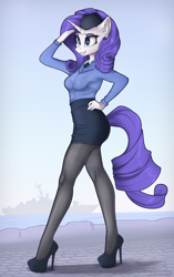 Size: 3400x5400 | Tagged: safe, artist:lakunae, imported from derpibooru, rarity, anthro, unicorn, blouse, bra, breasts, clothes, eyeshadow, female, high heels, high res, lipstick, long legs, makeup, mare, miniskirt, pantyhose, pencil skirt, reasonably sized breasts, see-through, shoes, simple background, skirt, smiling, solo, underwear