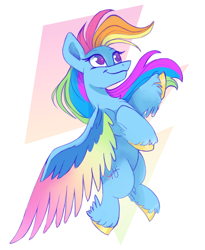 Size: 2060x2514 | Tagged: safe, artist:saphypone, imported from derpibooru, rainbow dash, pegasus, pony, colored hooves, colored wings, female, g5 concept leak style, high res, looking up, mare, multicolored mane, multicolored wings, no pupils, raised hoof, smiling, solo, spread wings, style emulation, unshorn fetlocks, wings
