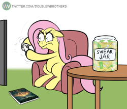 Size: 575x492 | Tagged: safe, artist:doublewbrothers, imported from derpibooru, fluttershy, pegasus, pony, angry, chair, coin, controller, couch, cross-popping veins, elden ring, female, floppy ears, gamershy, mare, money, playing, solo, swear jar, table, television, video game