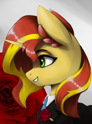 Size: 3120x4200 | Tagged: safe, artist:闪电_lightning, imported from derpibooru, sunset shimmer, pony, unicorn, equestria at war mod, equestria girls, bust, clothes, flower, necktie, portrait, rose, suit