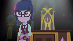 Size: 3410x1920 | Tagged: safe, imported from derpibooru, screencap, sci-twi, twilight sparkle, human, equestria girls, friendship games, chair, clothes, crystal prep academy, crystal prep academy uniform, desk, female, glasses, hair bun, high res, necktie, office, office chair, school, school uniform, schoolgirl, solo, uniform